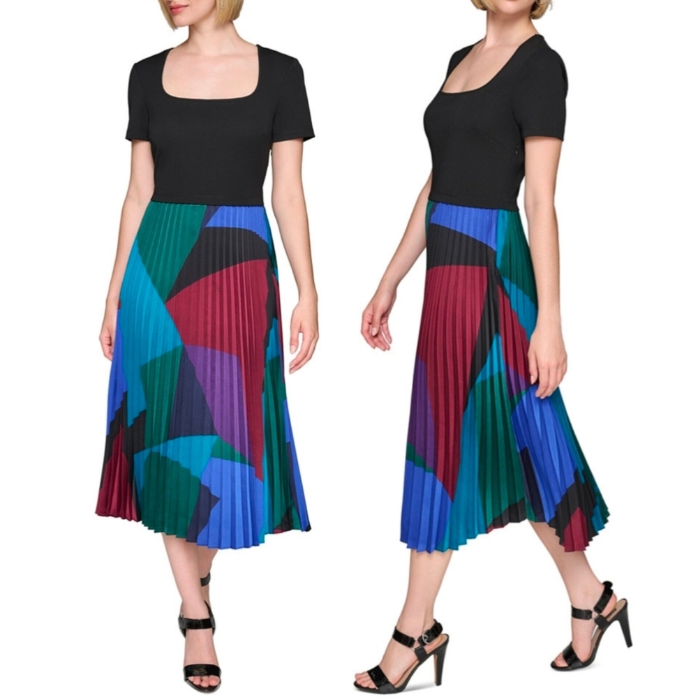 🔥Karl Lagerfeld Colorful Pleated Mixed Media-Midi Dress